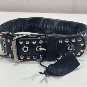 RARE Kara Van Petrol Firenze Studded Black Leather Dog Collar Skull 22'' Biker